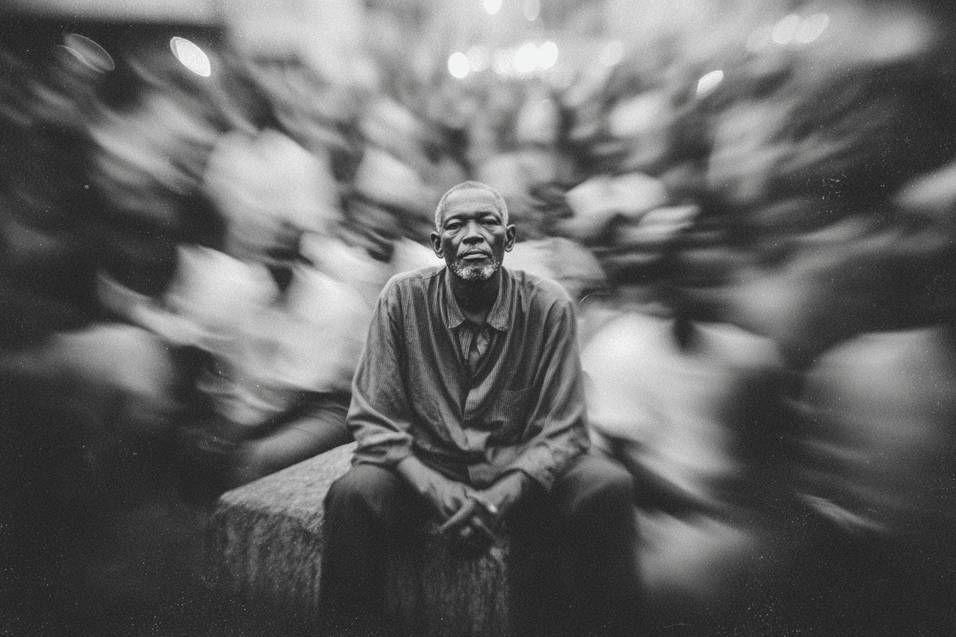 Old man sitting in crowd